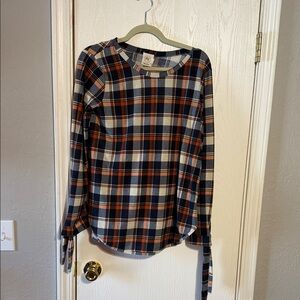 Plaid Long Sleeve Top - Navy and Orange